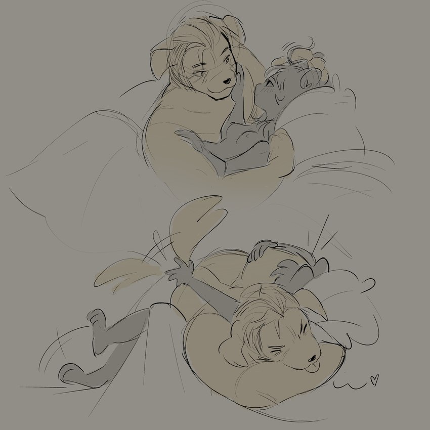 anthro anthro_on_anthro bed_sheet bedding blep breasts brown_body duo female hair hand_on_hair hug male male/female nipples pillow smile smiling_at_another tongue tongue_out yellow_body chewtoyys biscuit_(chewtoyys) lucky_(chewtoyys) canid canine canis domestic_cat domestic_dog felid feline felis mammal 2025 absurd_res digital_drawing_(artwork) digital_media_(artwork) hi_res sketch