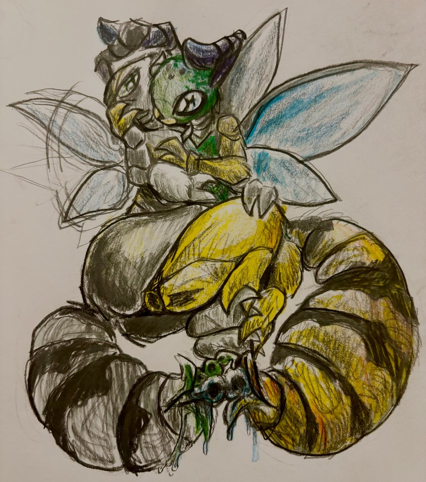 anthro arthropod_abdomen duo frotting_while_penetrated insect_wings male male/male ovipositor partially_inside wings fatality_(artist) arthropod bee hymenopteran insect sweat_bee absurd_res hi_res traditional_media_(artwork)