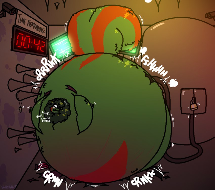 anthro expansion fur green_body green_fur green_hair hair hose hose_in_butt hose_inflation hyper implied_popping inflation lock motion_lines onomatopoeia red_body red_fur sound_effects spherical_inflation spikes text timer_display vorchitect arristheround mammal mephitid skunk 2024 artist_name hi_res