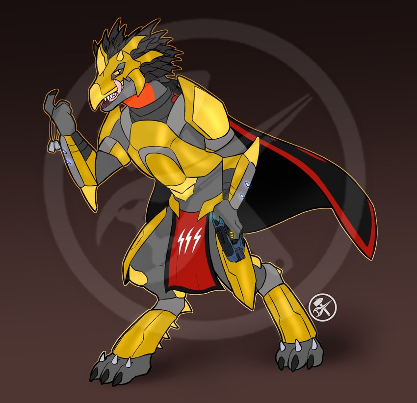 3_fingers 3_toes anthro armor avian_caruncle barefoot beak black_cape black_clothing cape claws clothing cuirass cuisse digitigrade dog_tags energy_sword energy_weapon fangs feather_hair feathered_crest feathers feet finger_claws fingers gesture gold_(metal) gold_armor greaves grey_body grey_feather_hair grey_feathers grey_skin gun hammer handgun head_crest headgear helmet holding_gun holding_handgun holding_object holding_pistol holding_ranged_weapon holding_weapon licking licking_lips logo looking_at_viewer male melee_weapon open_mouth pistol plasma_pistol pseudo_hair pupils ranged_weapon red_neck slit_pupils solo spaulder standing sword teeth toe_claws toes tongue tongue_out tools vambrace weapon yellow_eyes qios halo_(series) microsoft xbox_game_studios alien avian kig-yar scalie t'vaoan colored distracting_watermark hi_res watermark