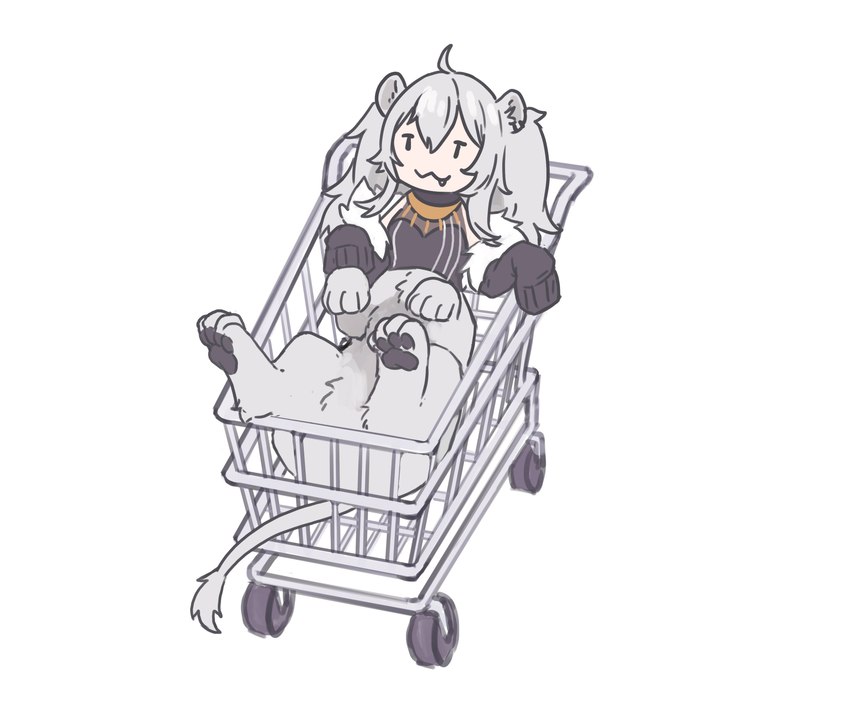 4_toes :3 ahoge alternate_form black_clothing black_coat black_eyes black_pawpads black_shirt black_topwear clothed clothing coat container cute_fangs digitigrade dot_eyes fangs featureless_crotch feet female fluffy front_view fur fur-trimmed_jacket fur_jacket fur_trim_(clothing) grey_body grey_ears grey_fur grey_hair grey_inner_ear grey_tail hair half-closed_eyes hindpaw in_container light_body light_skin long_hair long_sleeves looking_at_viewer lying monotone_body monotone_fur monotone_hair monotone_tail narrowed_eyes on_back open_clothing open_coat open_topwear paw_pose pawpads paws pose quadruped shirt shopping_cart simple_background sleeves_past_wrists smile snaggle_tooth solo sunken_seat tail tail_tuft taurification taurified teeth three-quarter_view toes topwear tuft white_background oldnight hololive vtuber shishiro_botan felid felid_taur humanoid_taur lion lion_taur mammal mammal_taur pantherine pantherine_taur taur absurd_res digital_media_(artwork) full-length_portrait hi_res portrait