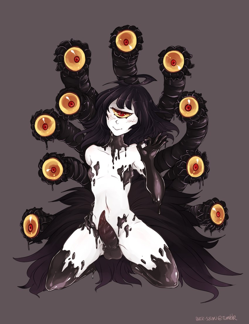 1_eye black_hair breasts genitals gynomorph hair intersex kneeling long_hair monster_girl_(genre) monster_penis navel not_furry nude red_eyes slime solo tentacles white_body wild_hair yellow_sclera gyarusatan be_not_afraid coren_(rahkshi500) beholder cyclops gazer humanoid mammal monster monstrous_humanoid tentacle_creature full-length_portrait hi_res portrait