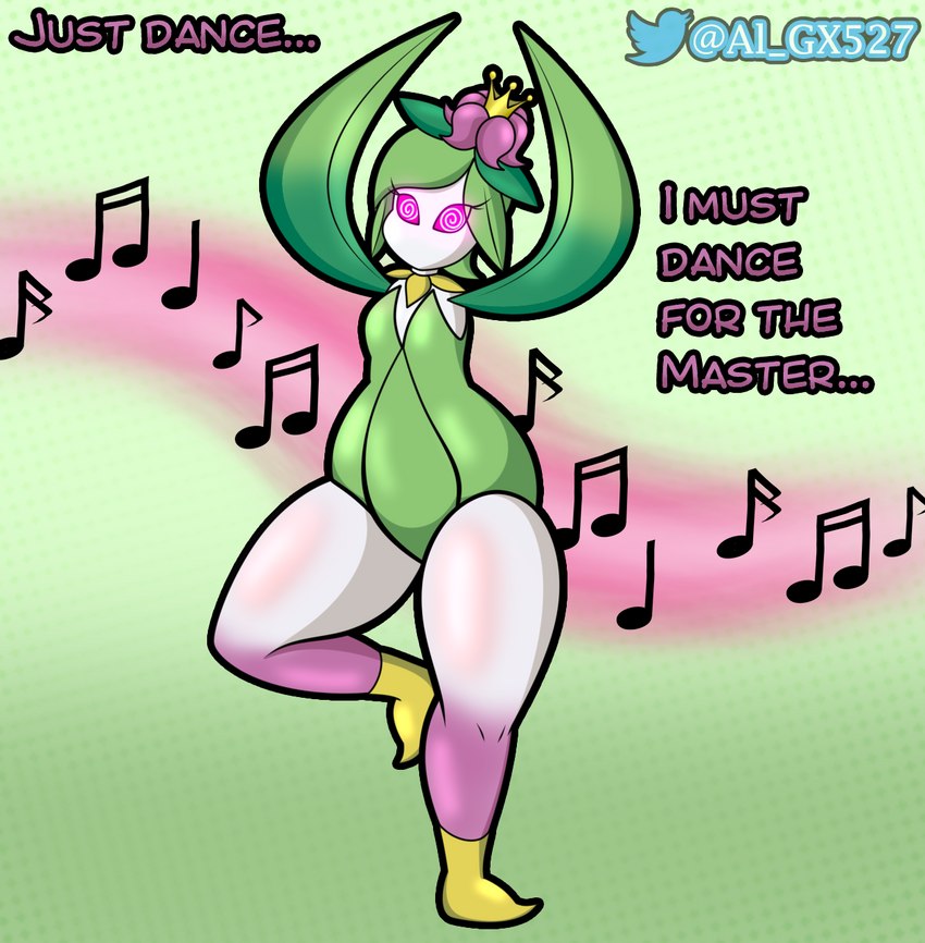 anthro ballerina ballet breasts clothed clothing dancing dialogue female fifth_position_arms_(ballet) huge_thighs hypnosis hypnotic_music leaf leaf_arms master mind_control mouthless music musical_note musical_symbol retire_(ballet) simple_background small_breasts solo symbol text thick_thighs trance wide_hips al_gx nintendo pokemon pokemon_legends_arceus generation_8_pokemon hisuian_form hisuian_lilligant humanoid pokemon_(species) regional_form_(pokemon) english_text hi_res