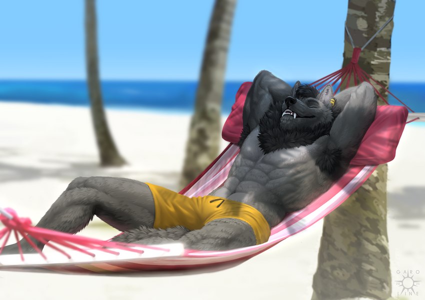 abs anthro armpit_hair beach body_hair day detailed_background ear_piercing ear_ring male outside piercing ring_piercing sand seaside shoreline sky smile solo water kero_tzuki canid canine canis mammal wolf 2021 digital_media_(artwork)