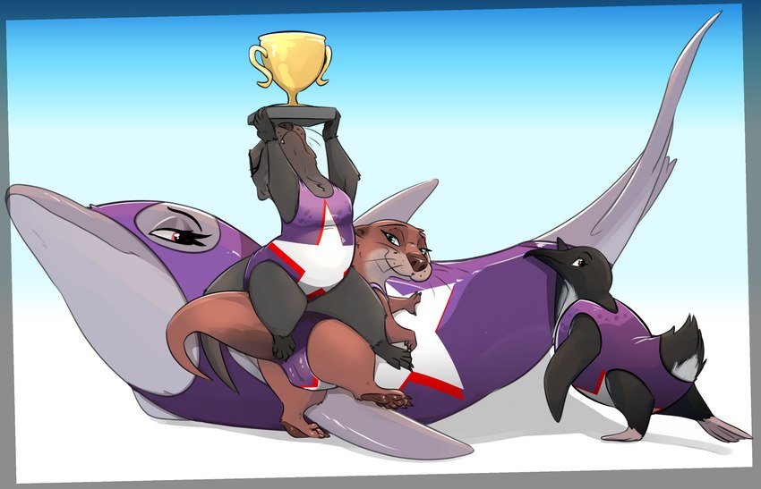 anthro award brown_eyes camel_toe clothed clothing female feral flippers genital_outline green_eyes group holding_award holding_object holding_trophy looking_at_another looking_at_viewer looking_back pose pussy_outline raised_clothing raised_swimwear raised_tail red_eyes semi-anthro sitting_on_another swimwear tail trophy noodlestoat avian bird cetacean dolphin fish mammal marine mustelid otter penguin toothed_whale absurd_res hi_res