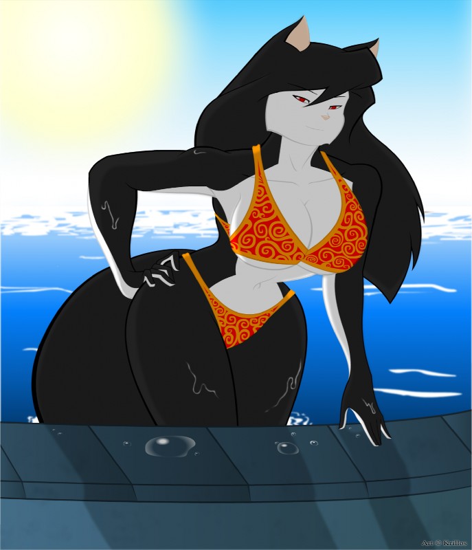 anthro big_breasts bikini black_body black_fur black_hair breasts clothed clothing female fur hair humanoid_hands pink_nose poolside pose red_eyes seductive skimpy smile solo sun swimming_pool swimwear tail tight_clothing two-piece_swimsuit water wet wide_hips krillos lynn_nekomata felid mammal species_request hi_res