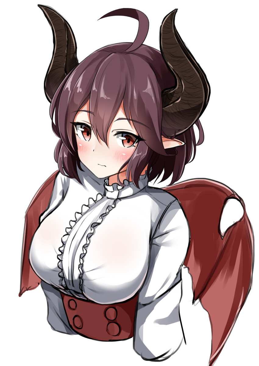 blush breasts female horn humanoid_pointy_ears looking_at_viewer membrane_(anatomy) membranous_wings pointy_ears red_eyes simple_background solo white_background wings moyoron mythology shingeki_no_bahamut grea_(shingeki_no_bahamut) animal_humanoid dragon dragon_humanoid humanoid mythological_creature mythological_scalie scalie 2019 absurd_res half-length_portrait hi_res portrait