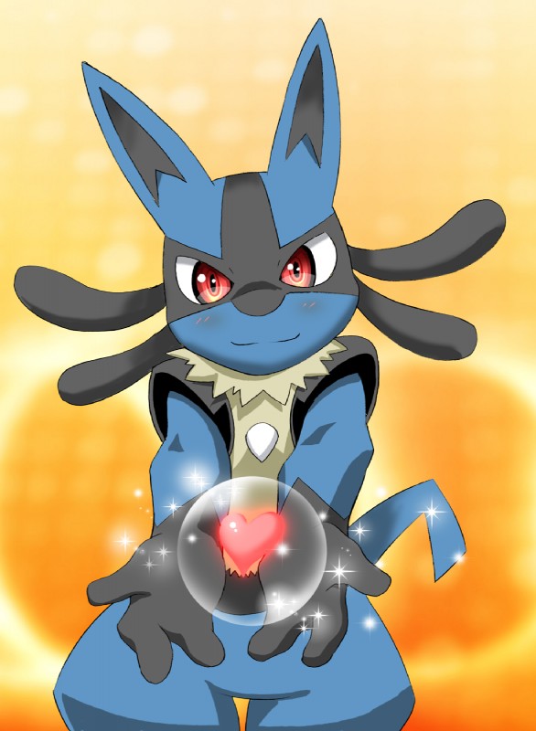 ambiguous_gender anthro biped black_body black_fur blue_body blue_fur blush fur heart_symbol kemono looking_at_viewer orange_background red_eyes simple_background smile solo tail alios nintendo pokemon canid canine generation_4_pokemon lucario mammal pokemon_(species) hi_res