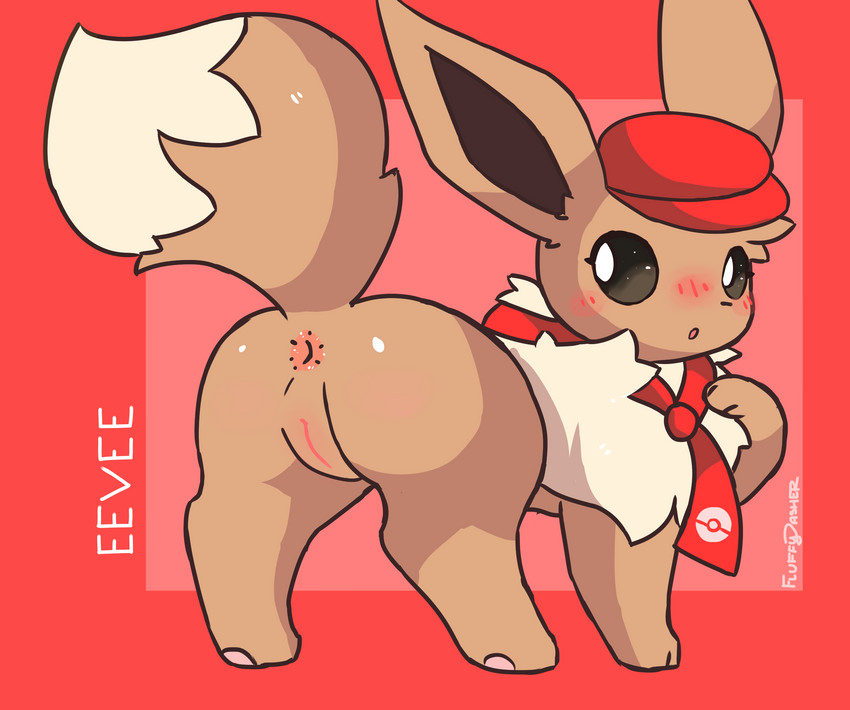 anus blush butt female feral genitals pussy raised_tail solo tail fluffydasher nintendo pokemon pokemon_cafe_remix eevee generation_1_pokemon pokemon_(species) hi_res