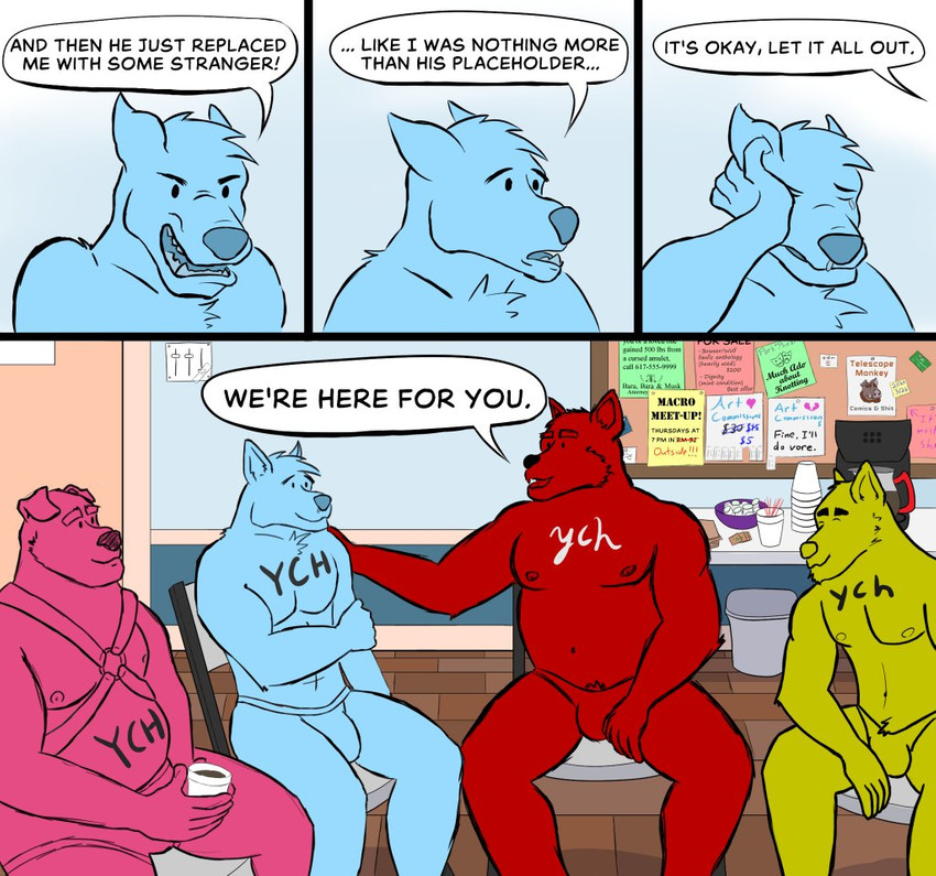 anthro bodily_fluids bulge clothing crying group harness humor male nipples pecs speedo support_group swimwear tears text therapy telescopemonkey ych_(character) canid canine canis domestic_dog mammal comic english_text