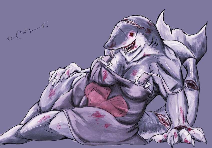 anthro blood bodily_fluids claws female multi_mouth nightmare_fuel red_eyes scar sharp_teeth solo teeth mochi_(artist) library_of_ruina project_moon greta_(lor) fish marine shark hi_res