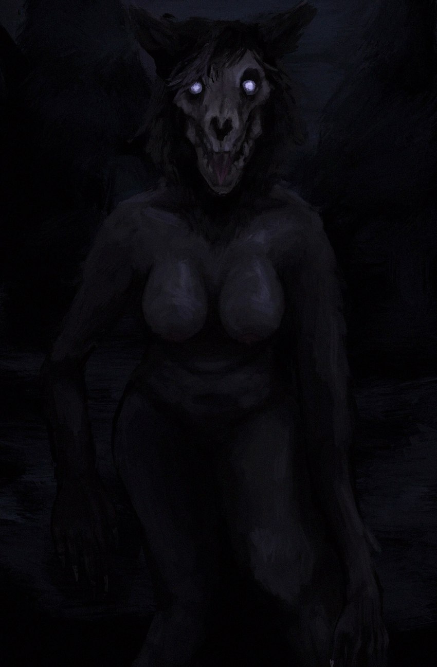 anthro big_breasts black_body black_fur blue_eyes bone breasts creepy fangs female fur glowing glowing_eyes grainy hair light looking_at_viewer low_light moonlight navel night nipples nude open_mouth outdoor_nudity outside scary skull skull_head sky solo teeth tongue tuft wide_hips anon2000000 scp_foundation scp-1471-a malo monster digital_media_(artwork) hi_res