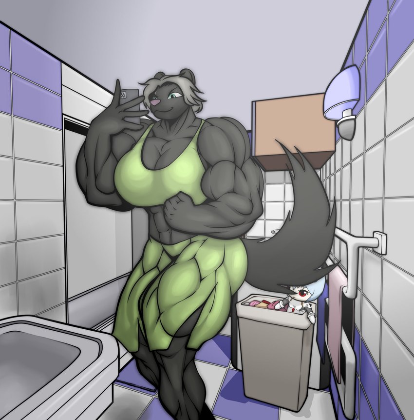 abs anthro bathroom big_breasts big_muscles black_body black_fur body_size_growth bottomwear breast_expansion breasts cellphone clothing electronics expansion female fur green_bottomwear green_clothing green_pants green_shirt green_topwear grey_hair growth hair huge_muscles huge_thighs muscle_growth muscular muscular_arms muscular_female muscular_thighs pants phone shirt shower size_transformation solo thick_thighs topwear torn_clothing transformation radarrid3r combat_cat_studio wild_assault marquez_(wild_assault) mammal mephitid skunk hi_res