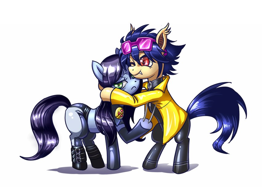 clothing duo fangs female female/female hug jacket one_eye_closed red_eyes simple_background teeth topwear white_background yellow_clothing yellow_jacket_(clothing) yellow_topwear mash_(artist) hasbro marvel my_little_pony x-men jubilee_(marvel) x-23 equid equine horse mammal pony vampire