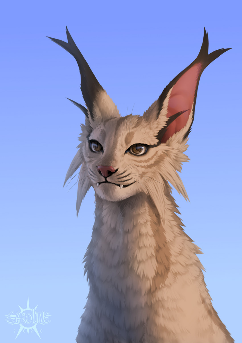 ambiguous_gender brown_eyes day detailed_background fur outside sky smile solo teeth whiskers white_body white_fur kero_tzuki garoline caracal caracal_(genus) felid feline mammal 2020 digital_media_(artwork) hi_res female_(lore)