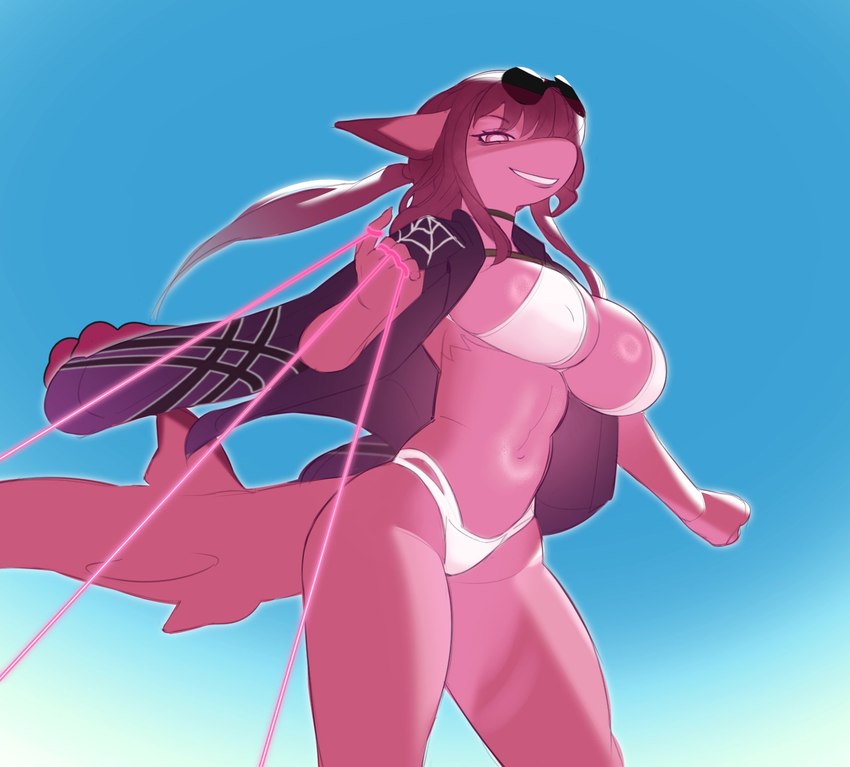 5_fingers alternate_species anthro big_breasts bikini bikini_bottom bikini_top blue_background breasts clothed clothing eyewear eyewear_on_head female fin fingers furrification hair navel non-mammal_breasts open_clothing open_topwear pink_body pink_ears pink_eyes pink_face pink_fin pink_skin pink_tail simple_background small_waist smile solo sunglasses sunglasses_on_head swimwear tail topwear two-piece_swimsuit white_bikini white_bikini_bottom white_bikini_top white_clothing white_swimwear runewoof honkai:_star_rail mihoyo kafka_(honkai:_star_rail) fish marine shark 2023 digital_drawing_(artwork) digital_media_(artwork) hi_res portrait three-quarter_portrait