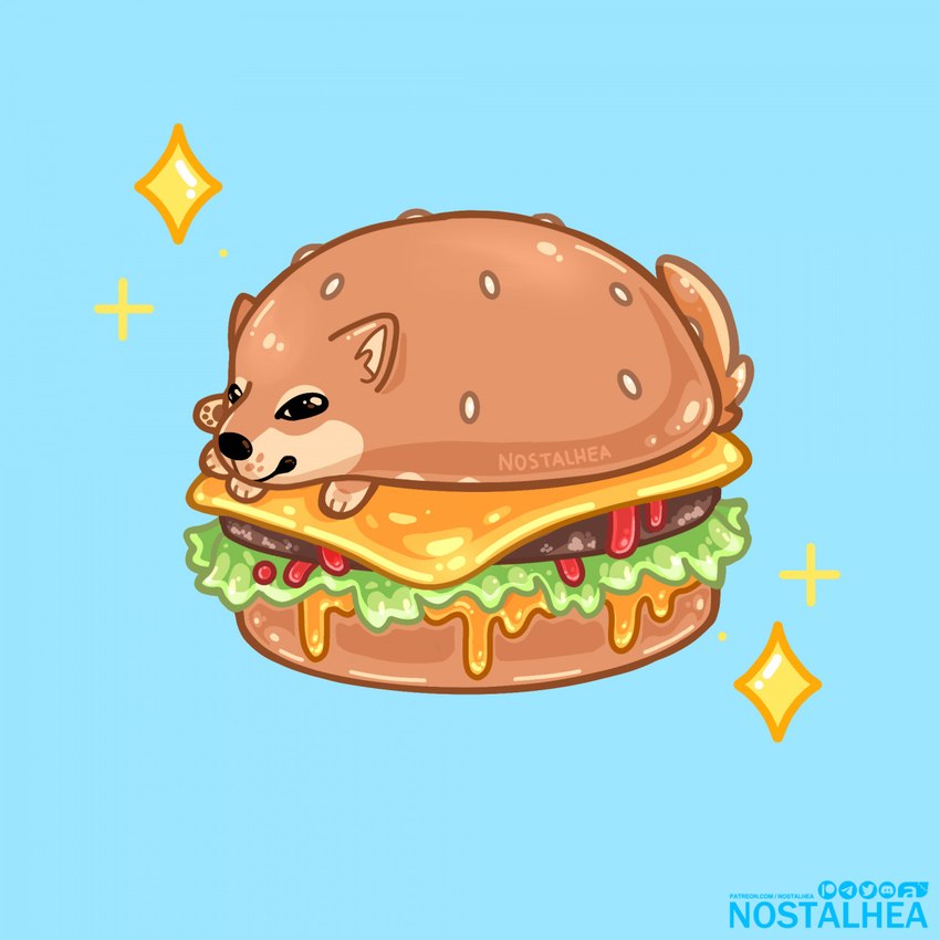 ambiguous_gender burger food humor looking_at_viewer pun solo sparkles sparkling_character visual_pun nostalhea dogelore cheems doge canid canine canis domestic_dog food_creature mammal shiba_inu spitz 1:1 hi_res meme signature