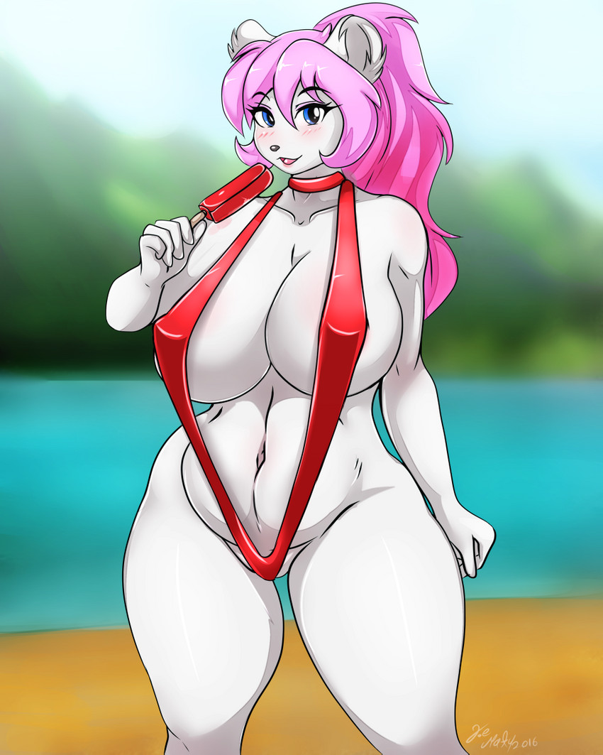 anthro big_breasts bikini blush breasts clothing female food hair huge_breasts nipple_outline one-piece_swimsuit pink_hair popsicle sling_bikini solo swimwear two-piece_swimsuit white_body matypup sharon_(dtripper) bear koala mammal marsupial vombatiform 4:5 hi_res