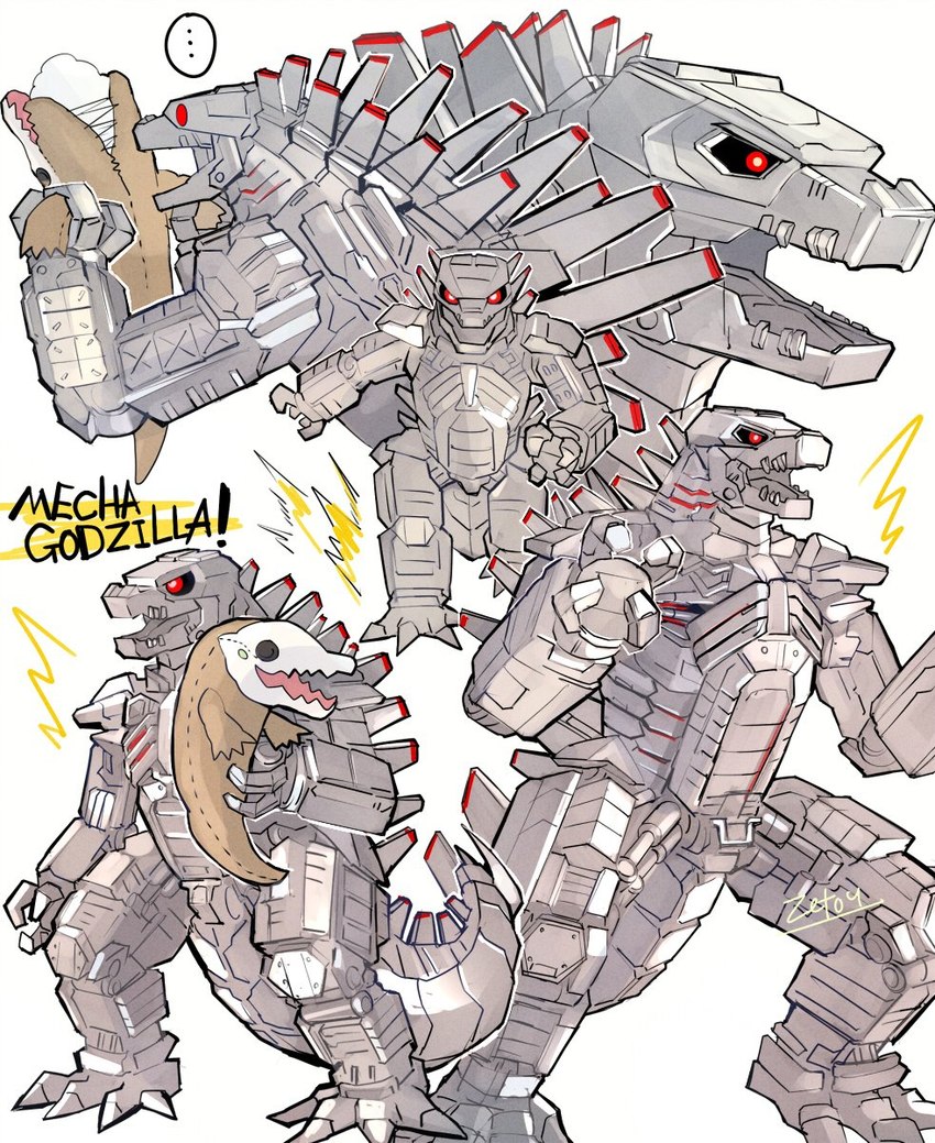 ambiguous_gender armor glowing glowing_eyes holding_object long_tail looking_at_viewer machine mecha not_furry open_mouth plushie red_eyes relieved simple_background size_difference solo speech_bubble spikes surprise tail text walking white_body zetou godzilla_(series) monsterverse toho mechagodzilla kaiju monster robot skullcrawler hi_res signature