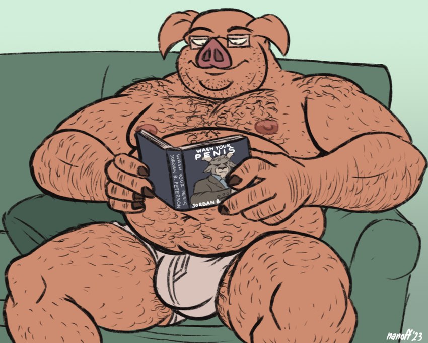 anthro body_hair book briefs briefs_only clothed clothing eyewear furniture glasses hairy male mature_male musclegut muscular on_sofa reading reading_book shoulder_hair sitting slightly_chubby slightly_chubby_male sofa solo text tighty_whities topless underwear underwear_only white_briefs white_clothing white_underwear nanoff joe_(nanoff) jordan_peterson bovid caprine domestic_pig goat mammal suid suine sus_(pig) 5:4 english_text