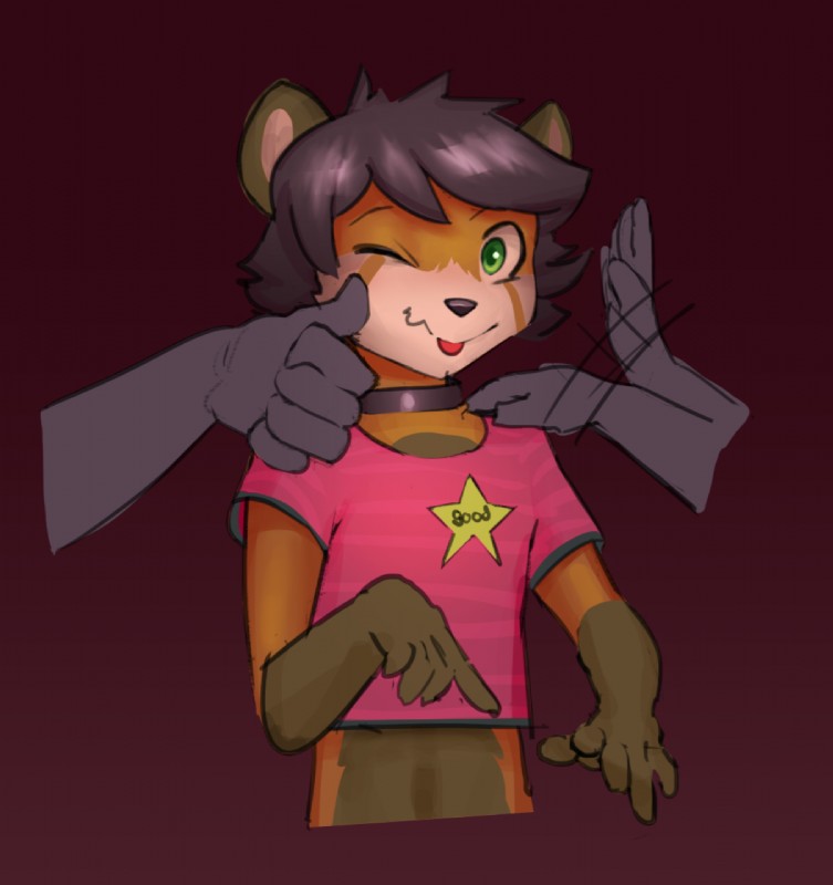 anthro black_hair blep brown_body brown_fur clothing collar fur gesture gold_star green_eyes group hair hand_gesture hand_on_shoulder looking_at_viewer male one_eye_closed orange_body orange_fur shirt simple_background solo_focus standing star t-shirt text text_on_clothing text_on_shirt text_on_topwear thumbs_up tongue tongue_out topwear wink twang ailurid mammal red_panda 2019 digital_media_(artwork) hi_res