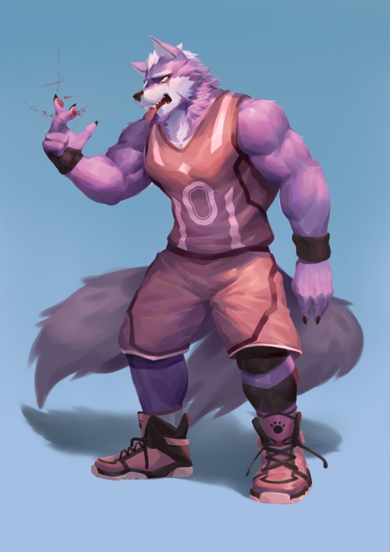 anthro biceps clothed clothing facial_hair fur goatee male muscular muscular_anthro muscular_male solo wball canid canine canis mammal wolf 2018 digital_media_(artwork) hi_res