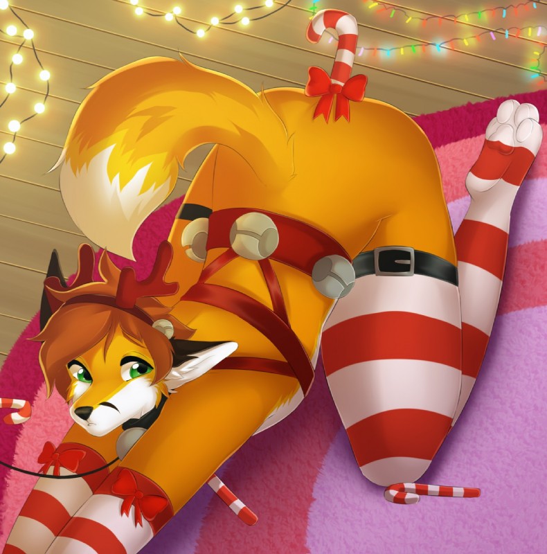 anal anal_penetration anthro candy candy_cane candy_cane_in_ass collar dessert fake_antlers fake_horns food fur harness holidays improvised_dildo improvised_sex_toy leash male penetration solo yellow_body yellow_fur weeniewonsh christmas canid canine fox mammal digital_media_(artwork) hi_res shaded