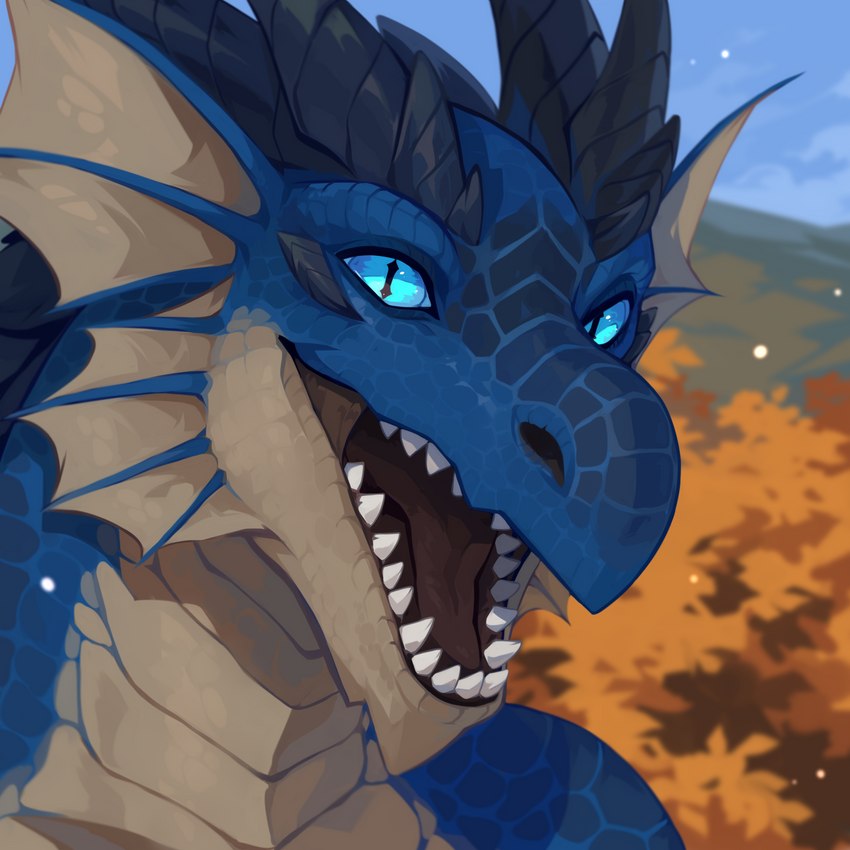 anthro blue_eyes blue_horn blue_sky blurred_background cheek_frill ear_frill frill_(anatomy) front_view glistening glistening_eyes horn looking_at_viewer male multicolored_body multicolored_scales open_mouth ridged_horn scales sharp_teeth sky solo tan_body tan_frill tan_scales teeth corzh77 blizzard_entertainment european_mythology mythology warcraft lz dracthyr dragon mythological_creature mythological_scalie scalie western_dragon 1:1 bust_portrait hi_res portrait
