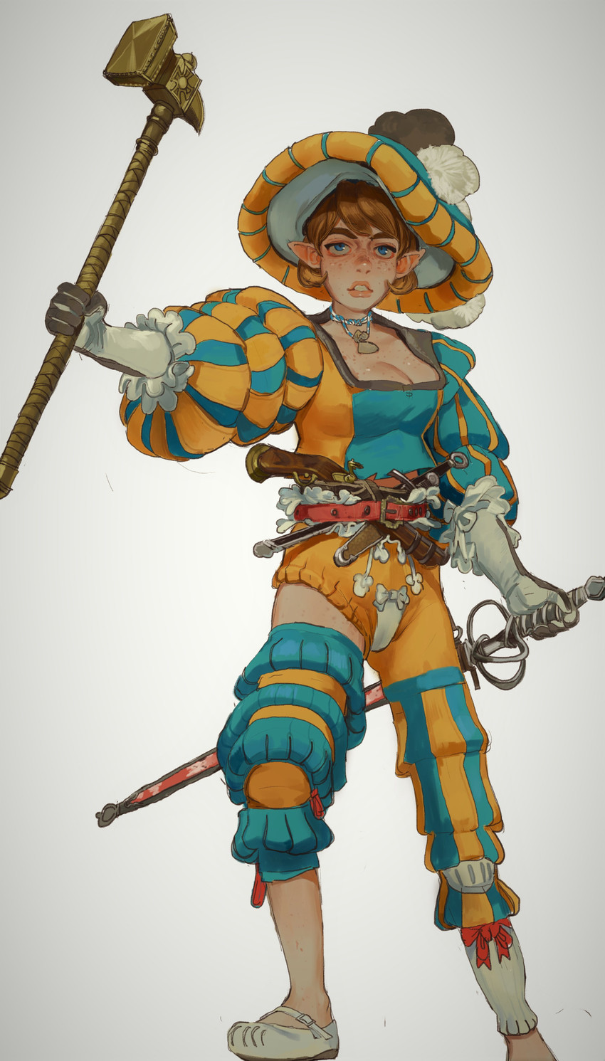 blue_eyes breasts brown_hair cleavage clothed clothing female freckles frilly frilly_clothing gloves gradient_background gun hair hammer handwear hat headgear headwear humanoid_pointy_ears jewelry landsknecht marie_sleeves melee_weapon necklace not_furry paned_sleeves pointy_ears puffy_sleeves ranged_weapon simple_background solo sword tools virago_sleeves weapon mossa gracella_(hirobrotag) halfling humanoid 2020 absurd_res hi_res