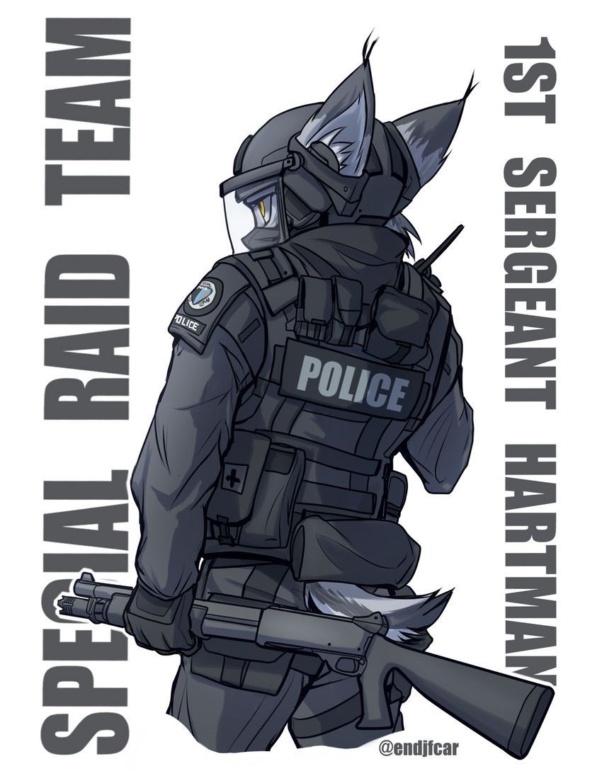 ambiguous_gender anthro armor body_armor clothing gun headgear helmet inner_ear_fluff police police_uniform ranged_weapon rear_view rifle simple_background solo text text_on_clothing text_on_topwear topwear tuft uniform weapon white_background yellow_eyes endjfcar hartman_(hunglee) felid feline lynx mammal 2018 english_text hi_res