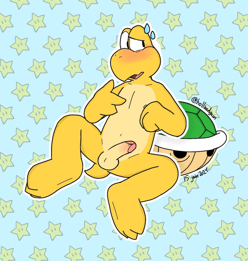 anthro balls blush erection feet freckled_face freckles genitals humanoid_genitalia humanoid_penis male navel nipples non-mammal_navel non-mammal_nipples nude open_mouth penis shell shell-less simple_background solo spread_legs spreading tail toes toony manchotchaud mario_bros nintendo koopa koopa_troopa reptile scalie turtle hi_res