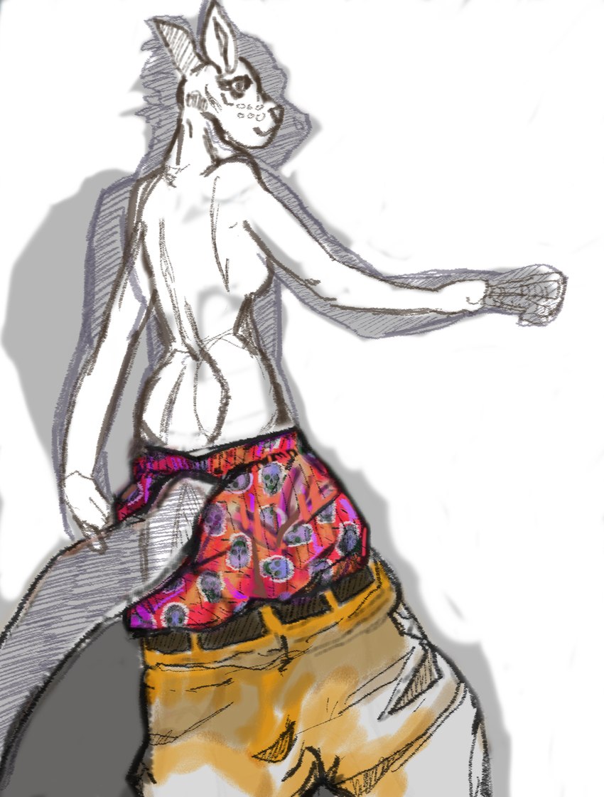 anthro bare_chest bare_shoulders bottomwear boxers_(clothing) clothed clothing costume crossdressing cutaway disguise female oversized_bottomwear oversized_clothing oversized_pants pants red_boxers red_clothing red_underwear silhouette solo tomboy underwear swordsofsevens lagomorph leporid mammal rabbit hi_res sketch