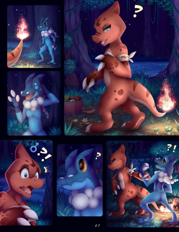 anthro butt exclamation_point female feral fire flaming_tail gender_symbol male male_symbol question_mark seductive semi-anthro symbol tail darkmirage fyoshi meraence nintendo pokemon amphibian charmeleon frogadier generation_1_pokemon generation_6_pokemon pokemon_(species) reptile scalie comic hi_res