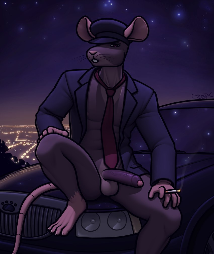 abs anthro balls black_cap black_car black_clothing black_jacket black_topwear bottomless bottomless_anthro bottomless_male buckteeth car chauffeur cigarette cigarette_holder city city_background city_skyline cityscape clothed clothing erection foreskin genitals half-erect hand_on_knee hand_on_leg hat headgear headwear holding_cigarette holding_object jacket leaning leaning_forward leaning_on_self male muscular necktie night open_clothing open_jacket open_topwear partially_clothed penis plant raised_leg red_necktie shrub sitting sitting_on_car sky solo star starry_sky teeth topwear uniform uniformed_male vehicle vein veiny_penis whiskers sigma_x animal_humanoid humanoid mammal mammal_humanoid rodent rodent_humanoid absurd_res hi_res