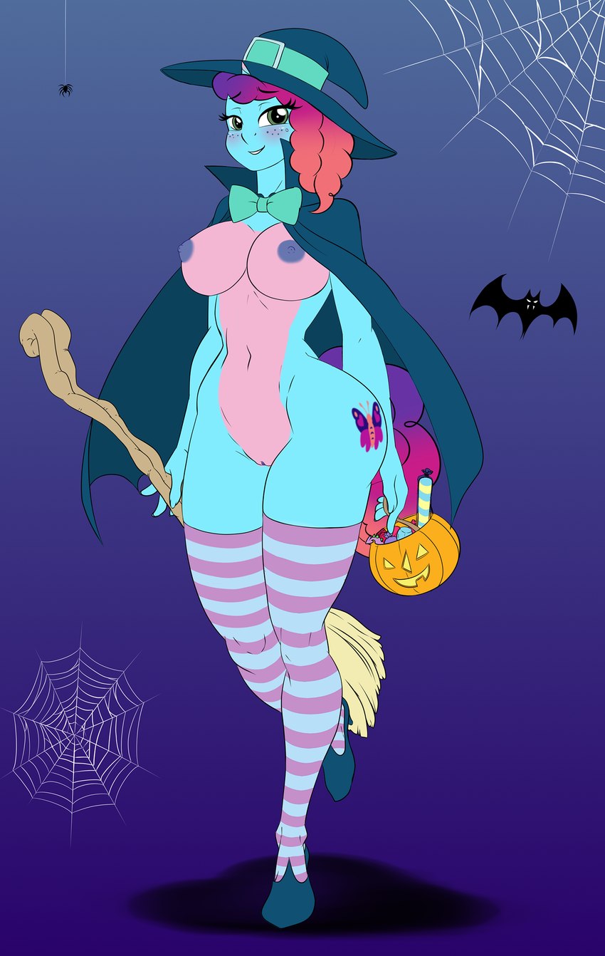 anthro blue_body blush bow_tie candy cape clothing curled_hair cutie_mark dessert female food footwear freckles genitals green_eyes hair hat headgear headwear horn jack-o'-lantern legwear looking_at_viewer magic_user pattern_clothing pattern_footwear pattern_legwear pattern_socks pink_body pink_clothing pink_footwear pink_socks purple_hair pussy shoes socks solo spider_web staff striped_clothing striped_footwear striped_socks stripes thigh_highs thigh_socks wide_hips witch witch_costume witch_hat pia-sama hasbro mlp_g5 my_little_pony mythology misty_brightdawn_(mlp) bat equid equine mammal mythological_creature mythological_equine unicorn hi_res