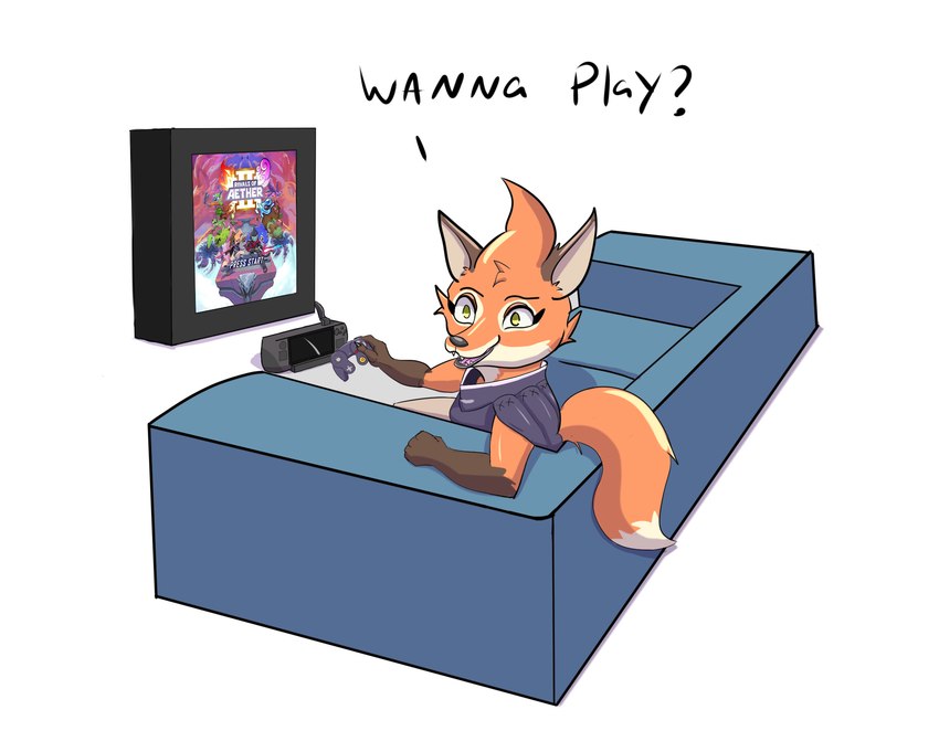 anthro asking_viewer brown_hands clothed clothing controller electronics eyebrows female fur furniture game_controller gamecube_controller green_eyes looking_at_viewer nintendo_controller orange_body orange_fur simple_background sofa solo steamdeck tail television text pickleticklr dungeons_of_aether gamecube nintendo rivals_of_aether fleet_(dungeons_of_aether) canid canine fox mammal digital_media_(artwork) hi_res