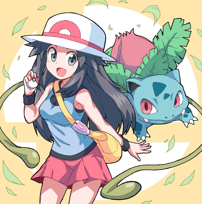 ambiguous_gender bag_accessory bottomwear breasts brown_hair clothing duo female hair hat headgear headwear light_body light_skin long_hair looking_at_viewer open_mouth open_smile pokeball shirt shoulder_bag skirt smile topwear wristband yokoyoko468b nintendo pokemon leaf_(pokemon) generation_1_pokemon human ivysaur mammal pokemon_(species) hi_res