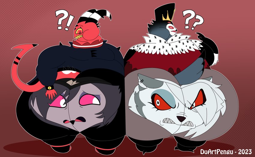 anthro butt buttsticker cartoon_physics female flatten flattened flattened_body flattening_fetish group male male/female obese obese_male oblivious overweight overweight_male owldemon sticker toony unaware_facesitting worried_look duartpengu helluva_boss mythology blitzo_(helluva_boss) loona_(helluva_boss) octavia_(helluva_boss) stolas_(helluva_boss) avian bird canid canid_demon canine canis demon hellhound imp mammal mythological_canine mythological_creature owl wolf hi_res