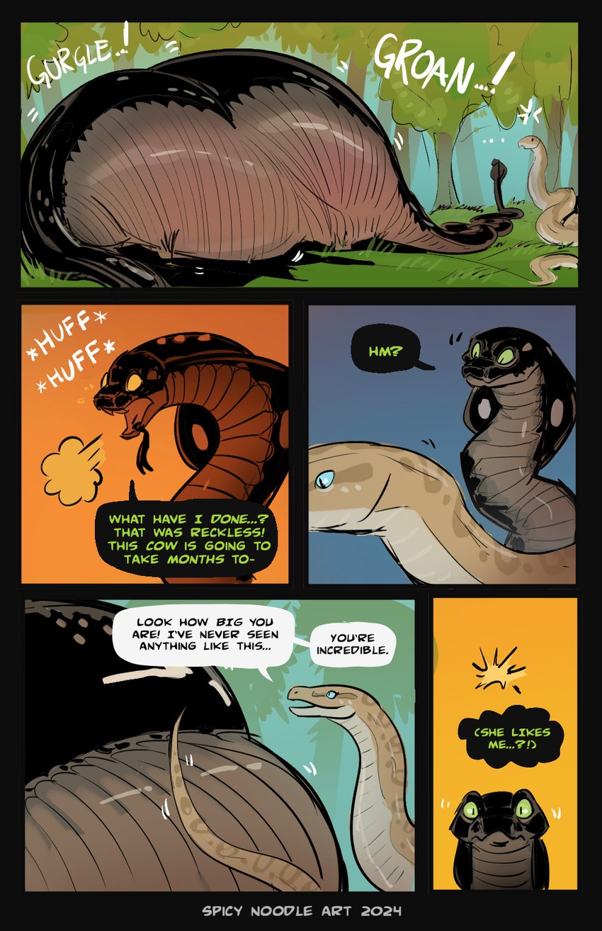 after_vore ambiguous_gender belly big_belly breath dialogue digestion_noises duo ellipsis female feral forest forked_tongue green_sclera huge_belly looking_at_belly male male/female outside panting plant size_difference snake_hood text tongue tree vore spicynoodleart reptile scalie snake 2024 comic english_text hi_res female_(lore) male_(lore)