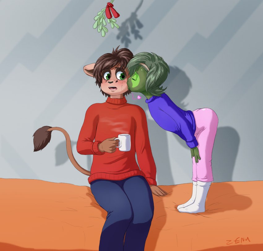 accessory age_difference anthro bent_over beverage blue_bottomwear blue_clothing blue_pants bottomwear brown_hair candy chocolate clothed clothing container cup dessert duo eye_scar eyes_closed facial_scar female food footwear fully_clothed fur green_body green_eyes green_hair grey_background hair headband heart_symbol holidays hot_chocolate kissing kissing_cheek male male/female mistletoe mug pants pink_bottomwear pink_clothing pink_pants plant purple_clothing purple_sweater purple_topwear red_clothing red_sweater red_topwear scar shadow simple_background size_difference socks steam sweater tan_body tan_fur topwear white_clothing white_footwear white_socks young young_anthro zenu christmas bomani_(stitchy626) tamina amphibian felid frog lion mammal pantherine artist_name