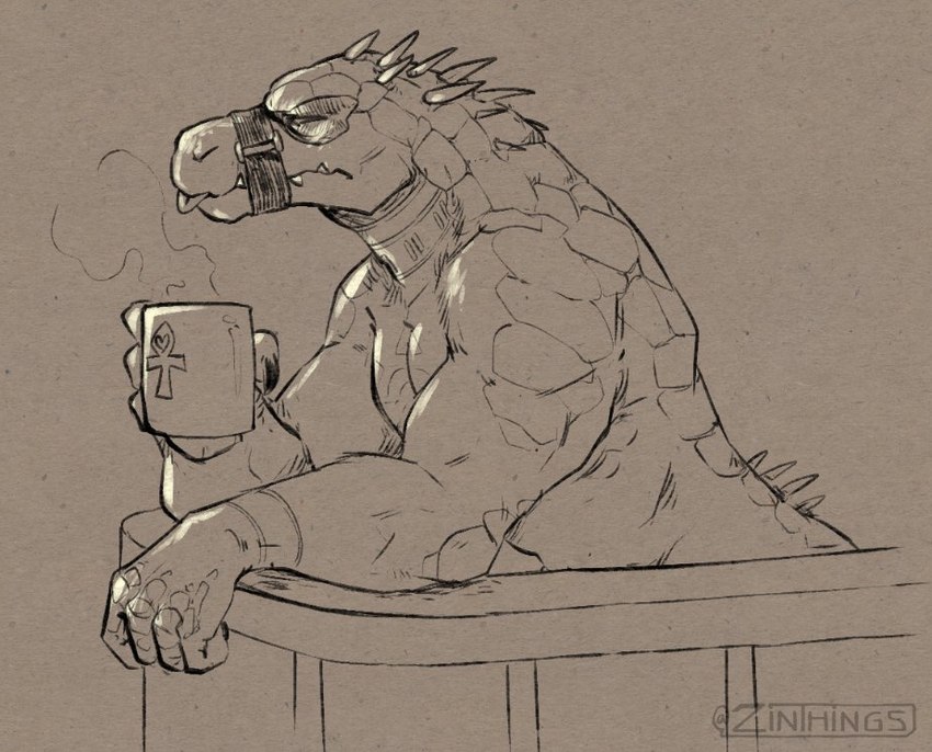 ankh anthro blep chest_tattoo container cup facial_markings head_markings holding_container holding_cup holding_object male markings mouth_strap muscular muscular_male nude solo spikes tattoo tongue tongue_out zinthings dislyte lilith_games daylon_(dislyte) crocodile crocodilian reptile scalie