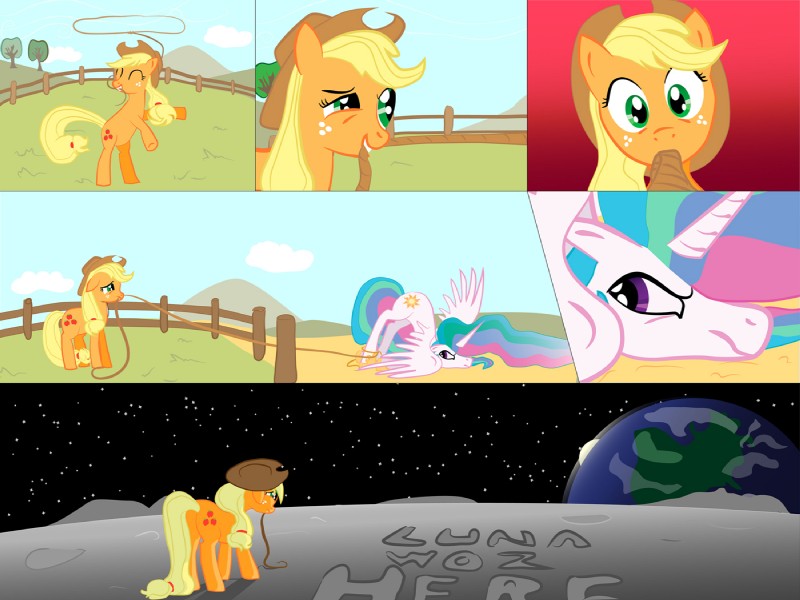 banishment cutie_mark female feral mean moon quadruped rope sad space tail to_the_moon parallaxmlp friendship_is_magic hasbro my_little_pony applejack_(mlp) princess_celestia_(mlp) earth_pony equid equine horse mammal pony 4:3 comic