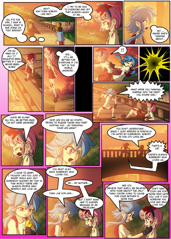 blue_eyes blue_hair bridge clothing depression female gloves hair handwear human_only not_furry paint pink_hair purple_eyes suicide text the_truth mauroz friendship_is_magic hasbro my_little_pony fluttershy_(mlp) rainbow_dash_(mlp) human mammal comic english_text hi_res