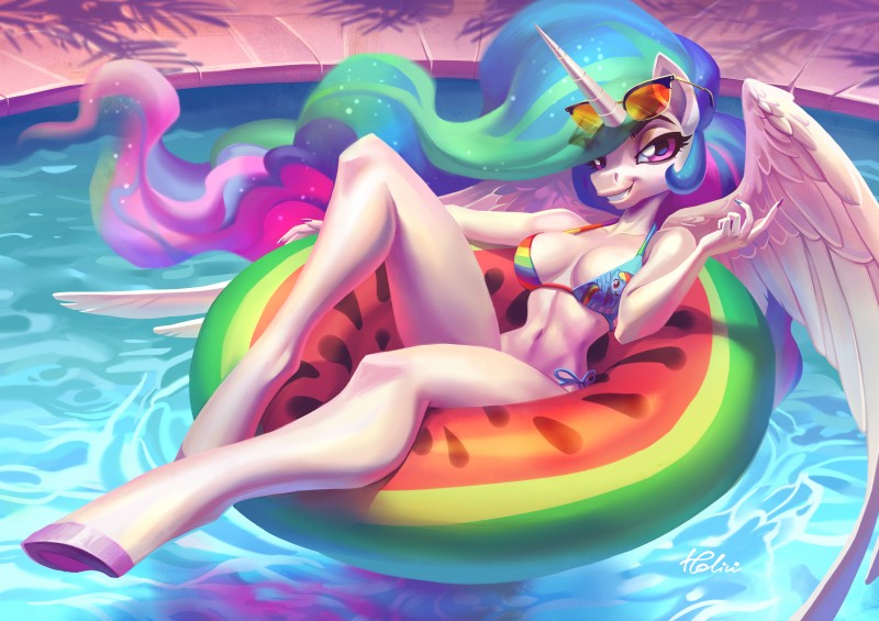 5_fingers anthro bent_legs big_breasts bikini blue_hair bottomwear bra breasts clothed clothing day detailed_background eyebrows eyelashes eyewear female fingers food_pool_toy food_print foot_over_edge fruit_pool_toy fruit_print green_hair hair hooves horn inflatable inflatable_ride inflatable_support inner_tube looking_at_viewer lying multicolored_clothing multicolored_swimwear on_pool_toy on_swim_ring outside over_edge panties pattern_clothing pink_eyes pink_hair plant_print pool_toy print_pool_toy purple_hair rainbow_bikini rainbow_clothing rainbow_dash_bikini rainbow_swimwear side-tie_bikini side-tie_clothing sitting skimpy smile solo string_bikini string_bow striped_clothing stripes sunglasses sunken_seat supported_leg swim_ring swimming_pool swimwear teeth thick_thighs tied_bikini tied_clothing two-piece_swimsuit underwear water watermelon_pool_toy watermelon_print wings holivi friendship_is_magic hasbro my_little_pony mythology princess_celestia_(mlp) rainbow_dash_(mlp) equid equine mammal mythological_creature mythological_equine winged_unicorn 2020 absurd_res digital_media_(artwork) hi_res