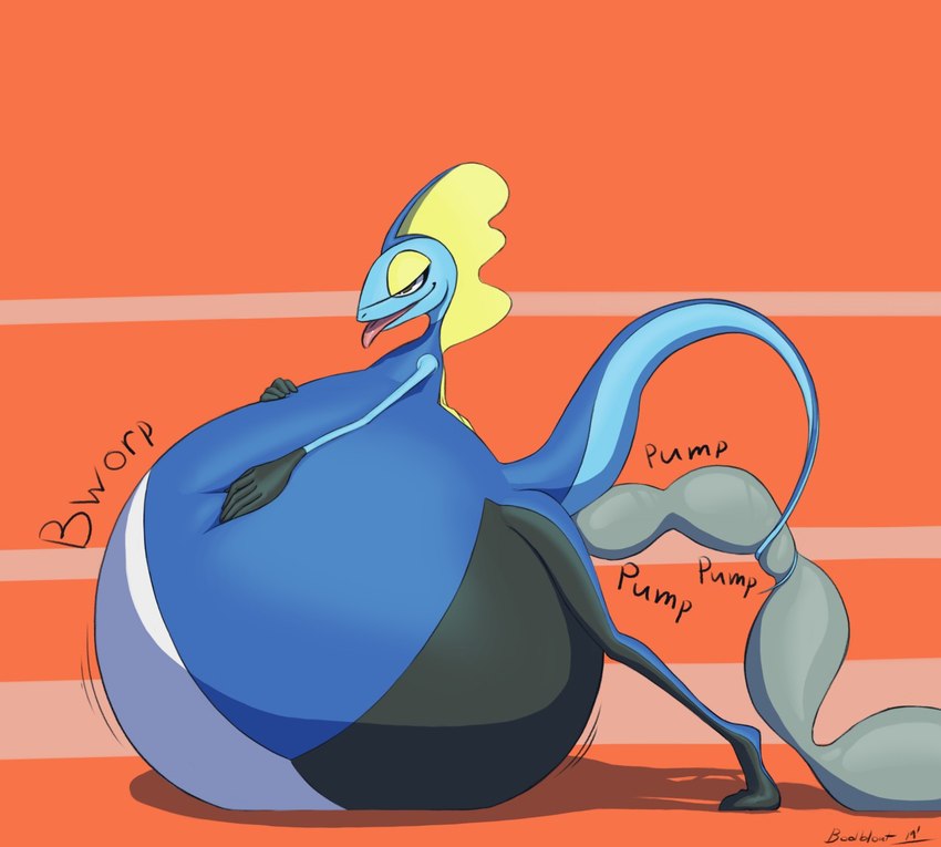 anthro belly belly_expansion belly_inflation big_belly blue_body expansion hand_on_belly hose hose_inflation huge_belly hyper hyper_belly immobile inflation inflation_fetish liquid_inflation male onomatopoeia simple_background solo sound_effects tail text tongue tongue_out tube_bulge water_inflation yellow_frill bodbloat nintendo pokemon poha_(bodbloat) generation_8_pokemon inteleon pokemon_(species) 2019 signature