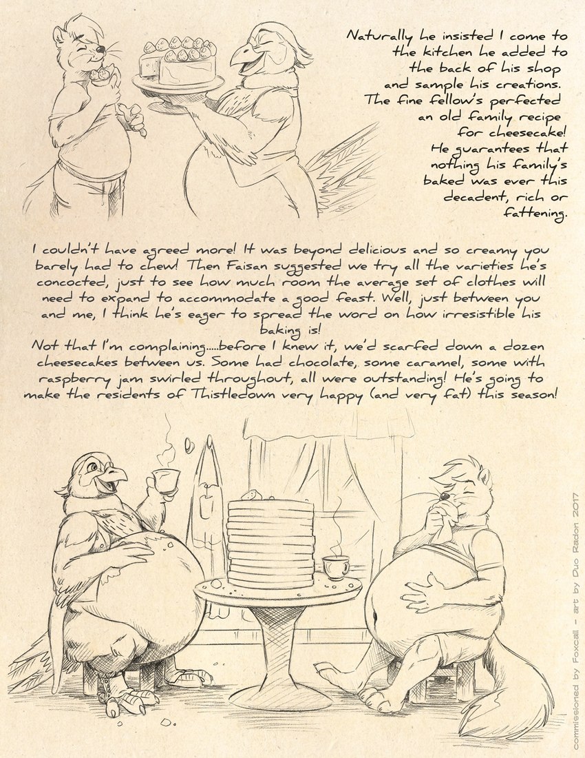 4_toes 5_fingers anisodactyl anthro avian_feet beak belly big_belly biped black_and_tan bottomless cake cheesecake claws clothed clothing deep_navel dessert digitigrade duo eyes_closed feathered_wings feathers feet finger_claws fingers food fur hand_on_belly holding_belly holding_food holding_object male navel obese obese_anthro obese_male open_beak open_mouth open_smile overweight overweight_anthro overweight_male plate scutes side_view sitting smile standing tail tail_feathers text thick_thighs toe_claws toes topwear vest weight_gain wide_hips winged_arms wings squeakie faisan_(foxcall) river_(squeakie) avian bird common_pheasant galliform mammal mink mustelid musteline phasianid phasianus true_musteline 2017 dated digital_media_(artwork) english_text hi_res monochrome signature story story_in_description