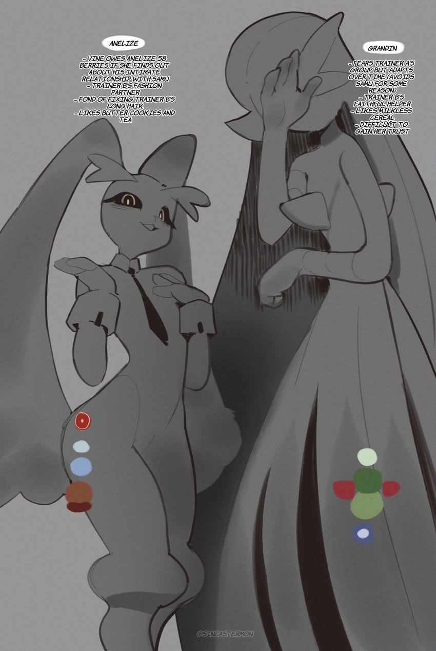 ambiguous_gender anthro big_ears biped covering covering_face duo eyelashes fingers fur grey_background necktie open_mouth open_smile pseudo_clothing pupils simple_background slim smile standing text sincastermon nintendo pokemon gardevoir generation_3_pokemon generation_4_pokemon humanoid lopunny pokemon_(species) english_text hi_res