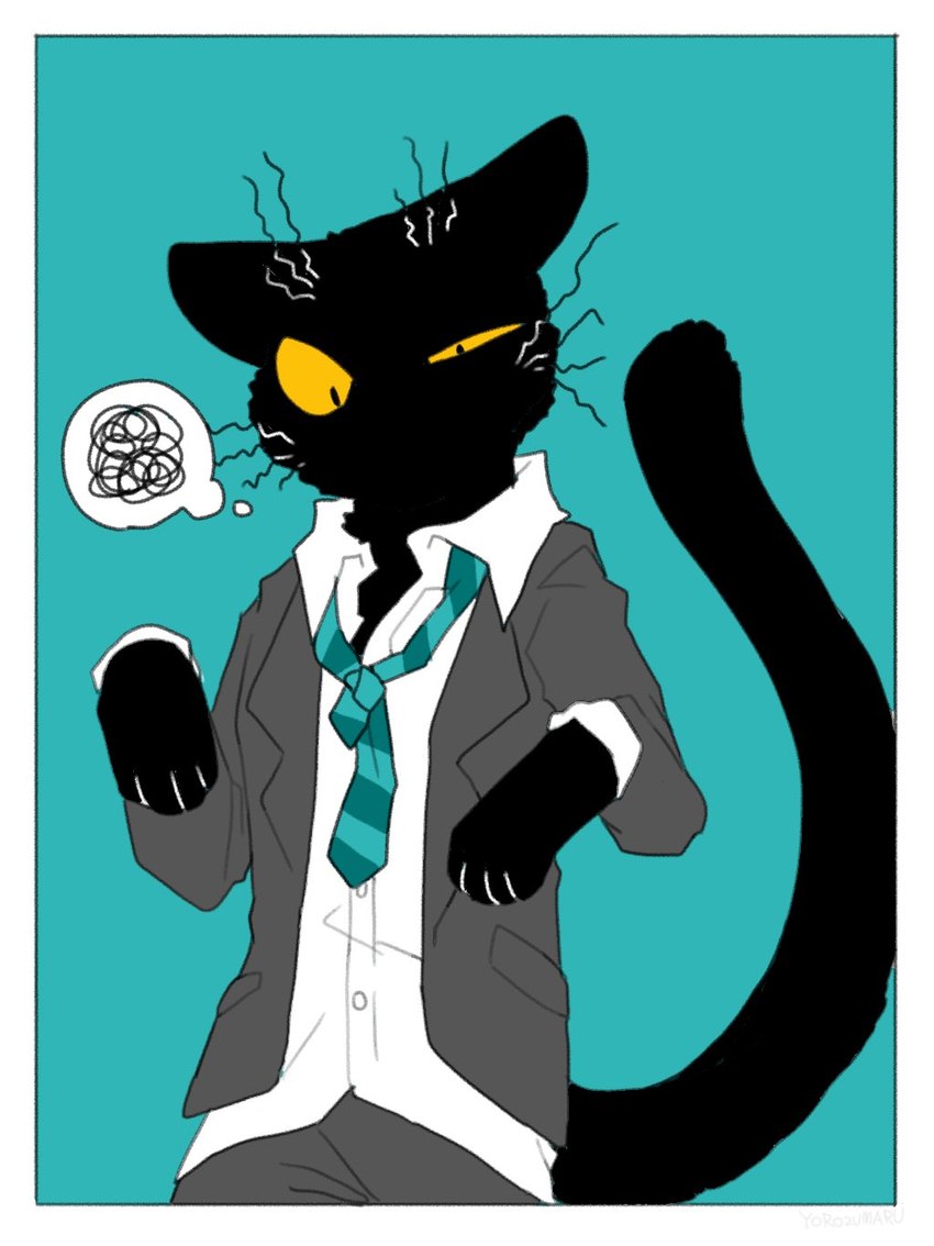 anthro black_body clothed clothing dress_shirt male necktie paws shirt solo tail topwear whiskers yellow_eyes yorozumaru urushi_(yorozumaru) domestic_cat felid feline felis mammal 2021 hi_res