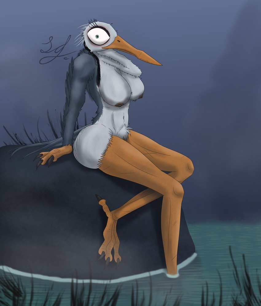 anthro beak big_breasts big_eyes braided_hair breasts eyelashes feathers female fog grey_body hair long_neck looking_at_viewer mature_female navel nipples orange_beak orange_hands orange_legs plant pubes rock sitting solo submerged_feet swamp water wings lindwormduality illumination_entertainment migration_(movie) erin_(migration) avian bird great_heron heron humanoid pelecaniform absurd_res hi_res