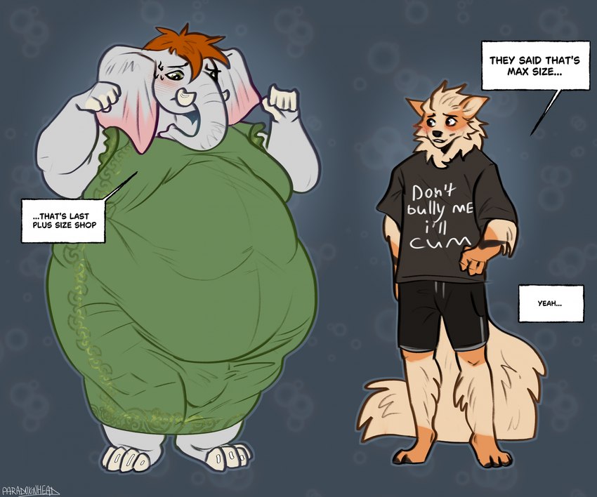 ambiguous_gender anthro belly big_belly duo female humor joke larger_clothed male male/female obese overweight speech_bubble text paradoxinhead nintendo pokemon arcanine elephant elephantid generation_1_pokemon mammal pokemon_(species) proboscidean english_text hi_res